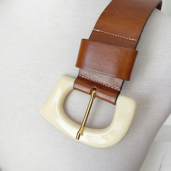 Vintage Doppia Vita Italy Brown Leather Acrylic Buckle Wide Belt - Picture 6 of 7